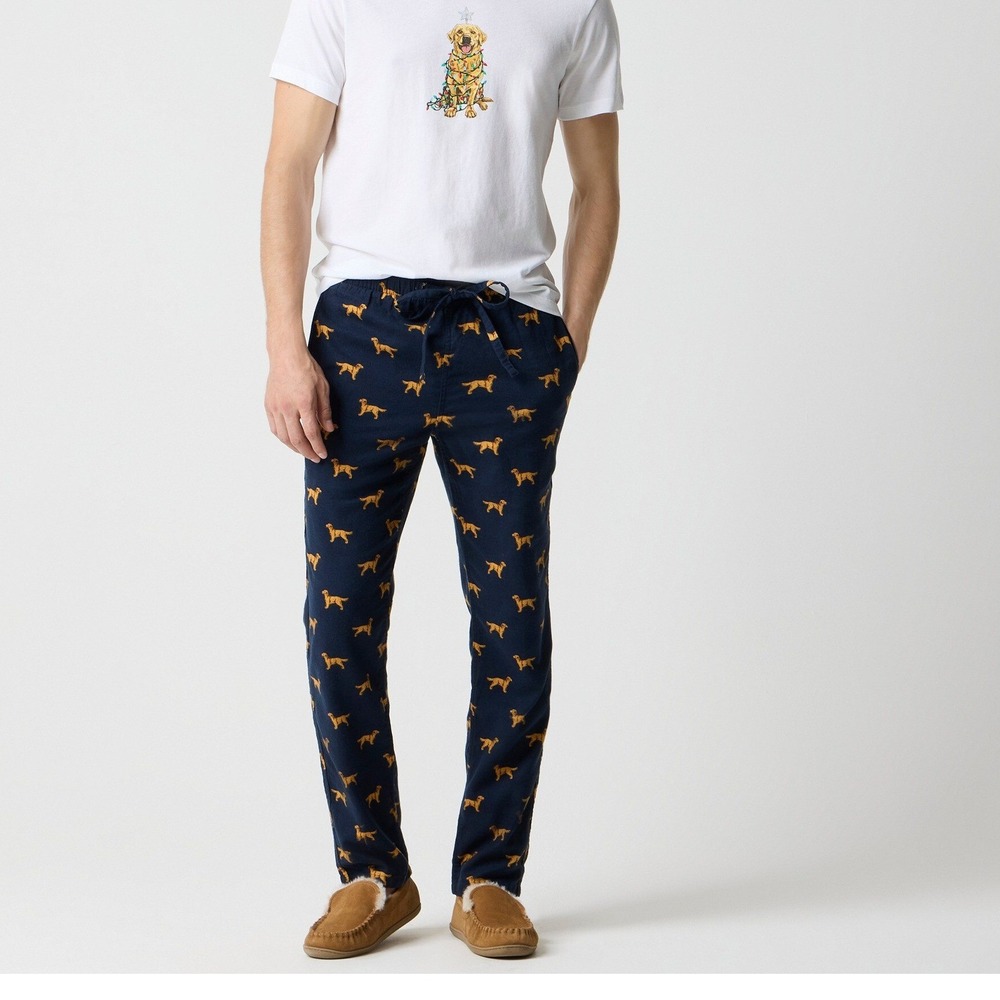 J.Crew Mens M Flannel Pajama Pants Navy Golden Retriever Dog Print CD762 NWT $69